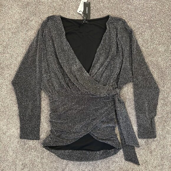 Express Womens Relaxed Metallic V-Neck Surplice Tie Waist Top Size S NWT $68 - Picture 10 of 16